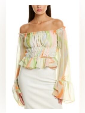 Hutch Smoked Sheer Off-Shoulder Peplum Blouse in Pastel Stripe